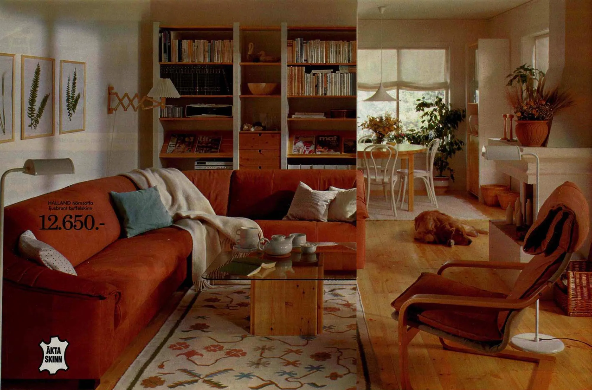 a cozy living room with a Poang and steam-bent chairs in the kitchen behind