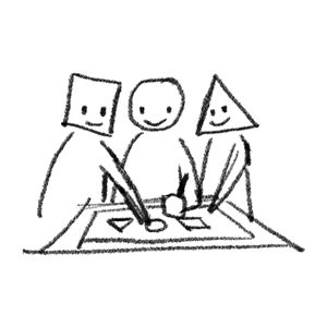 A group of people with differently-shaped heads collaborate on a drawing that represents them all