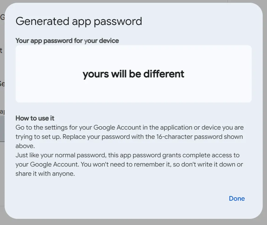 The 'Generated app password' dialog, with a visible password