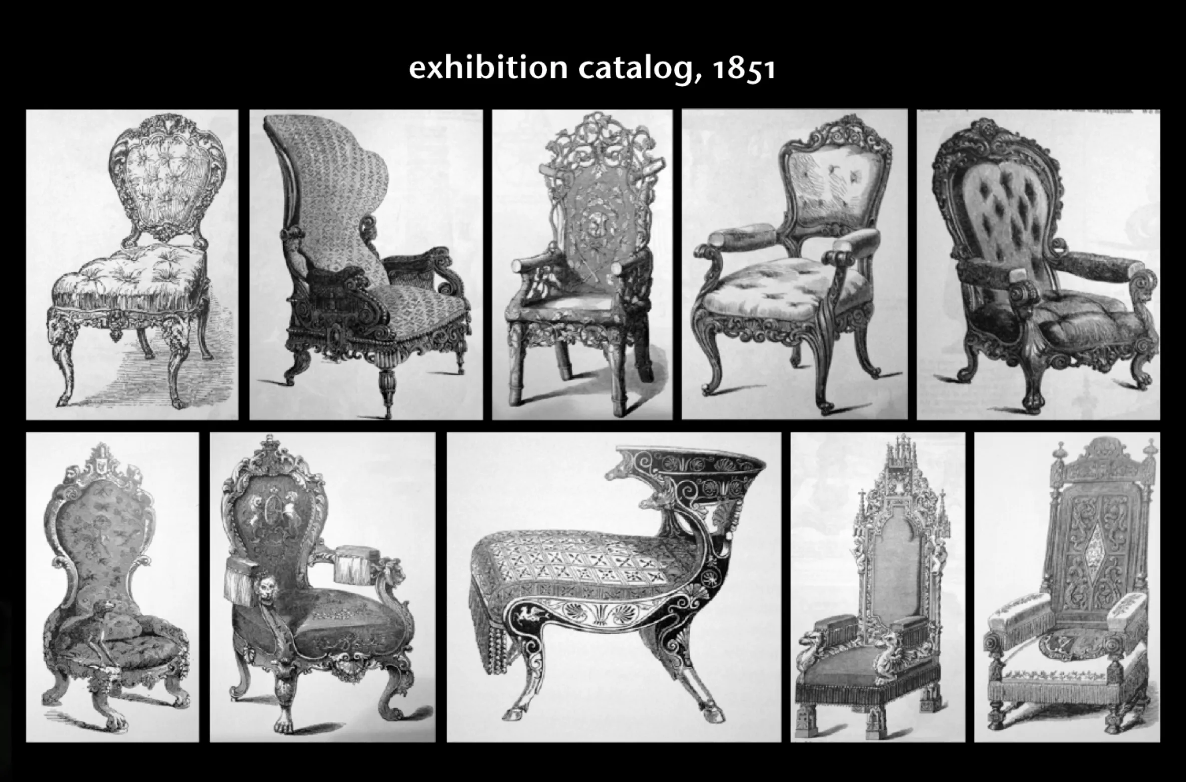 exhibition catalog, 1851, various ornate and unrelated chairs