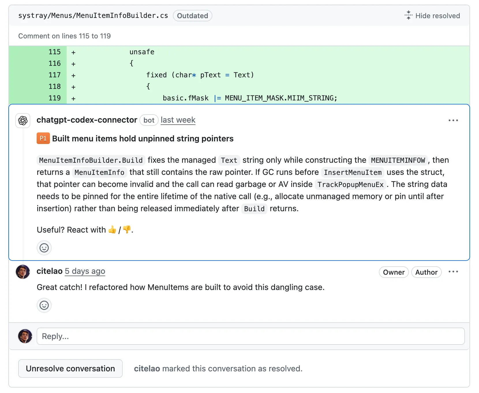Codex review comment: 'Built menu items hold unpinned string pointers'