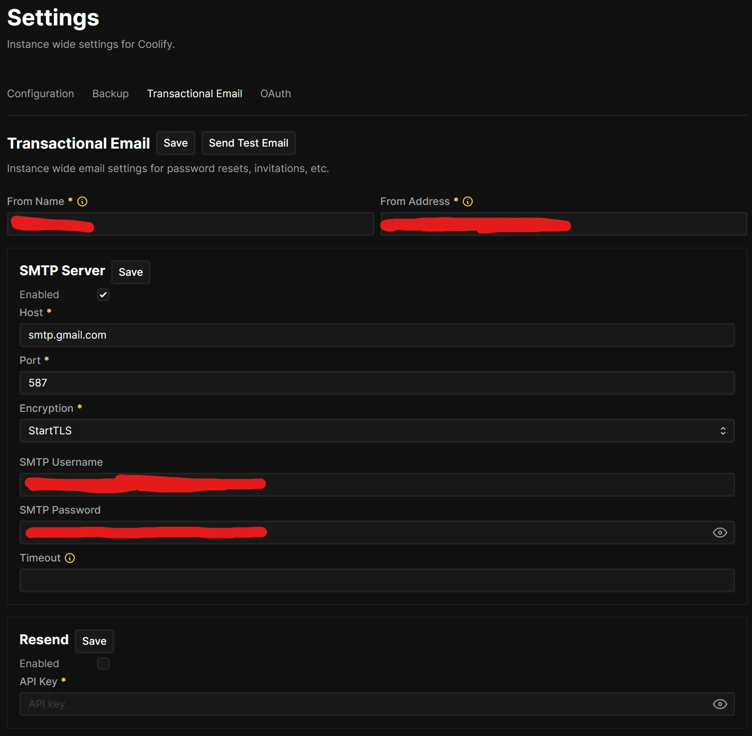 Coolify Transactional Email settings page