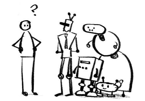 A person wonders at a group of eager robots