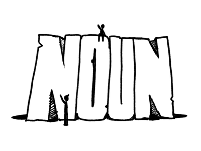 Big rocks carved to read 'Noun'. A small figure on top waves to another below