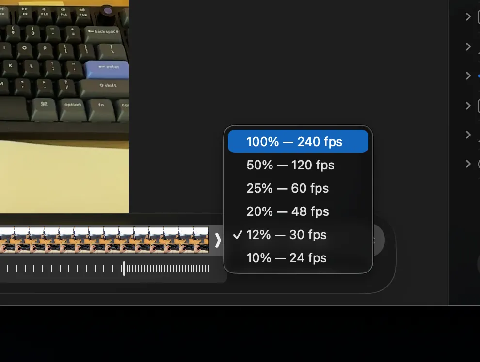 Playback speed dropdown adjacent to timeline on Mac