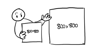 A confused person compares two differently-sized boxes both labeled '800 x 800'