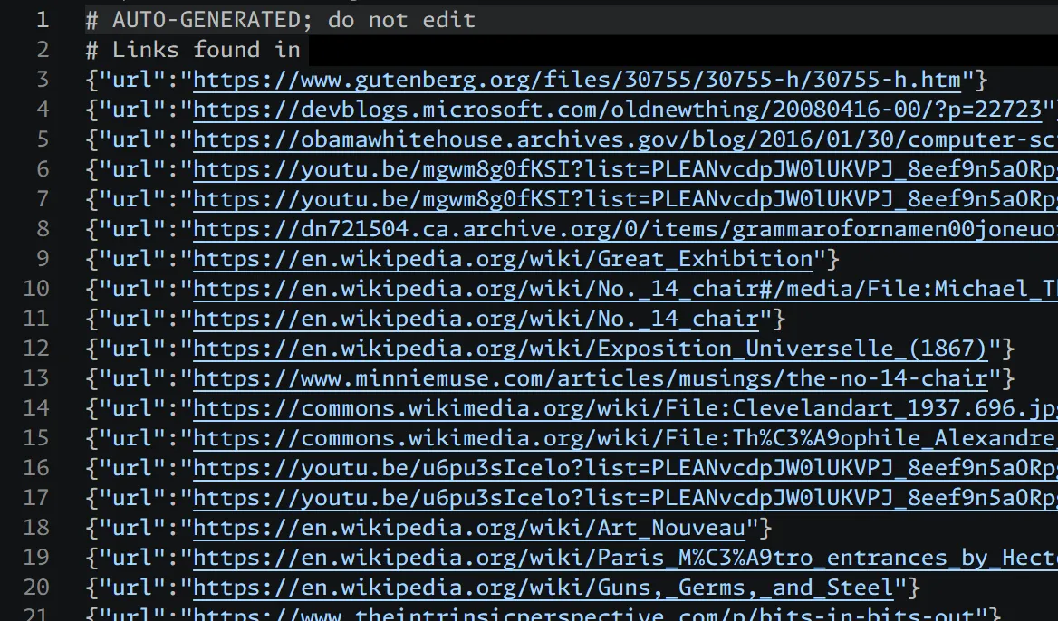 A list of urls in an AUTO-GENERATED file