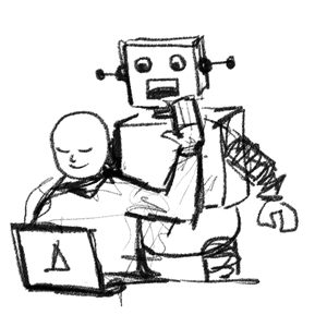 A calm person using a laptop holds up their hand to silence a bulky Narrator robot that's about to speak