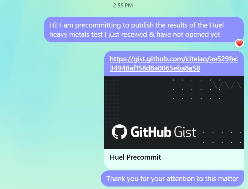 A Facebook chat with my friends, including 'Hi! I am precommitting to publish the results of the Huel heavy metals test I just received & have not opened yet'