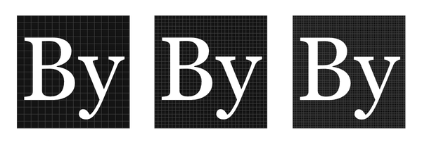 The word 'By' written at the same scale under 3 different DPIs