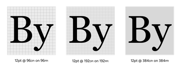 The word 'By' written at the same scale under 3 different DPIs