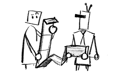 A perplexed person attempts to read a ream of documents provided by a business-like robot