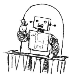 A forlorn robot wearing a dinosaur T-shirt stands on a balcony pondering a rose